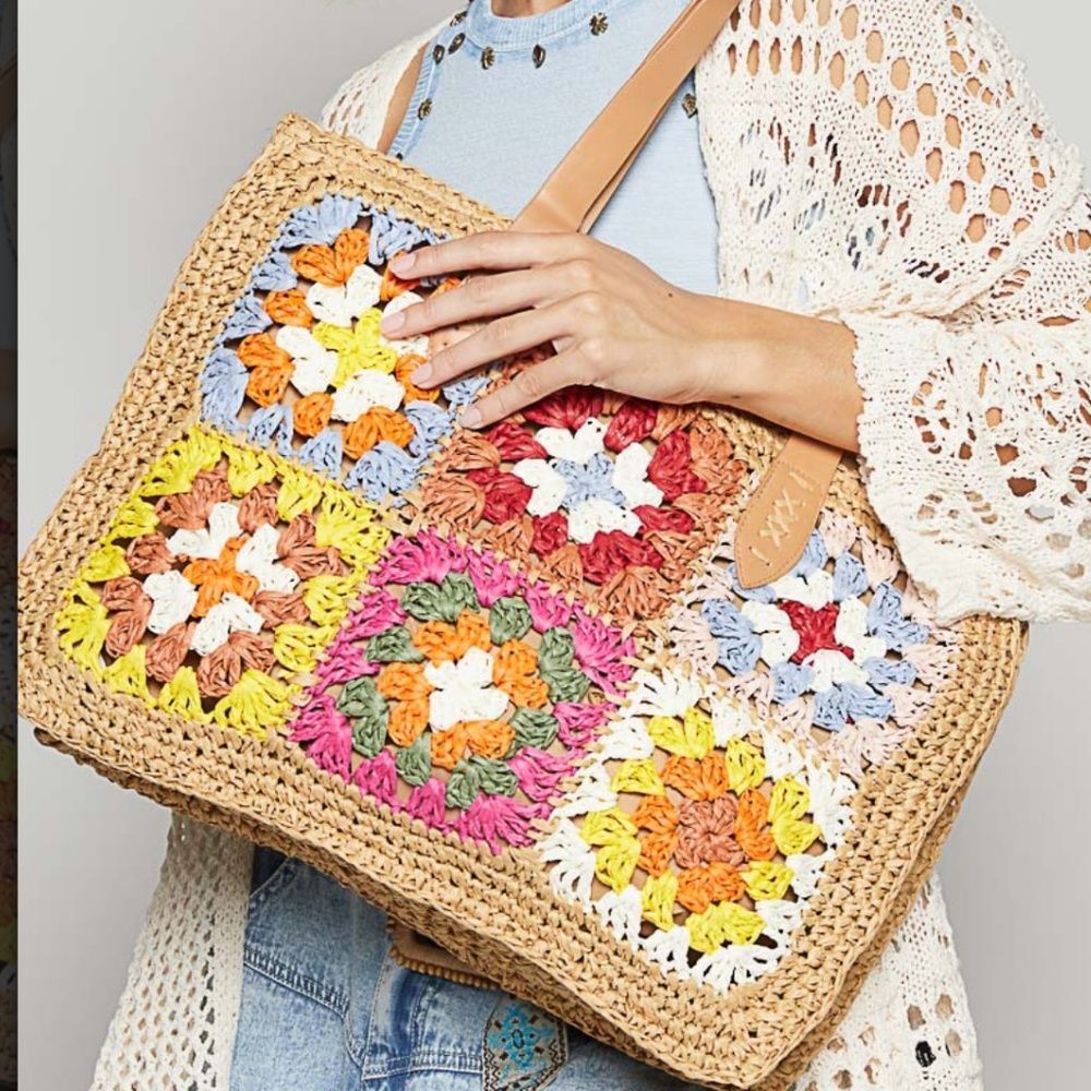 POL bag POL tote Multicolor Crochet Patchwork Straw Tote with Tan Handles NEW